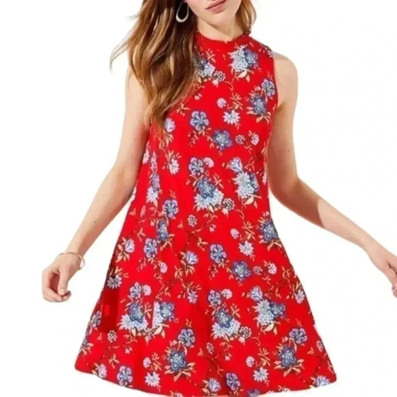 Ann Taylor LOFT Vine Floral Red Mock Neck Swing Dress - Picture 1 of 8
